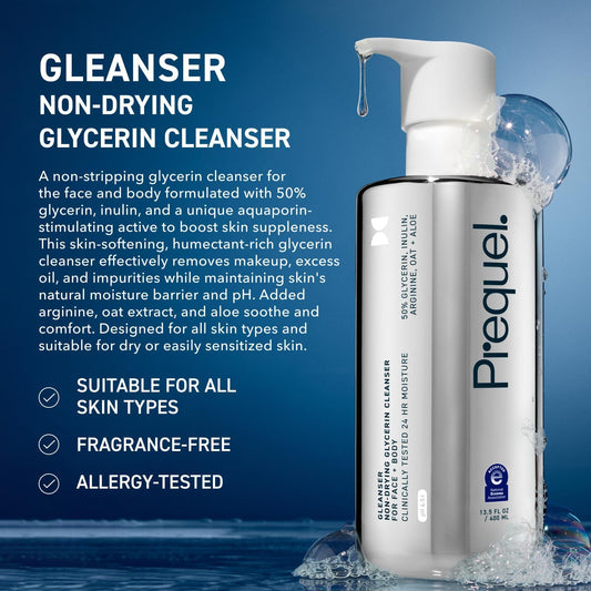 Prequel Skin Gleanser, Moisturizing Glycerin Face Wash, Unscented Sensitive and Dry Skin Face Wash Pump Bottles (Pack of 2)