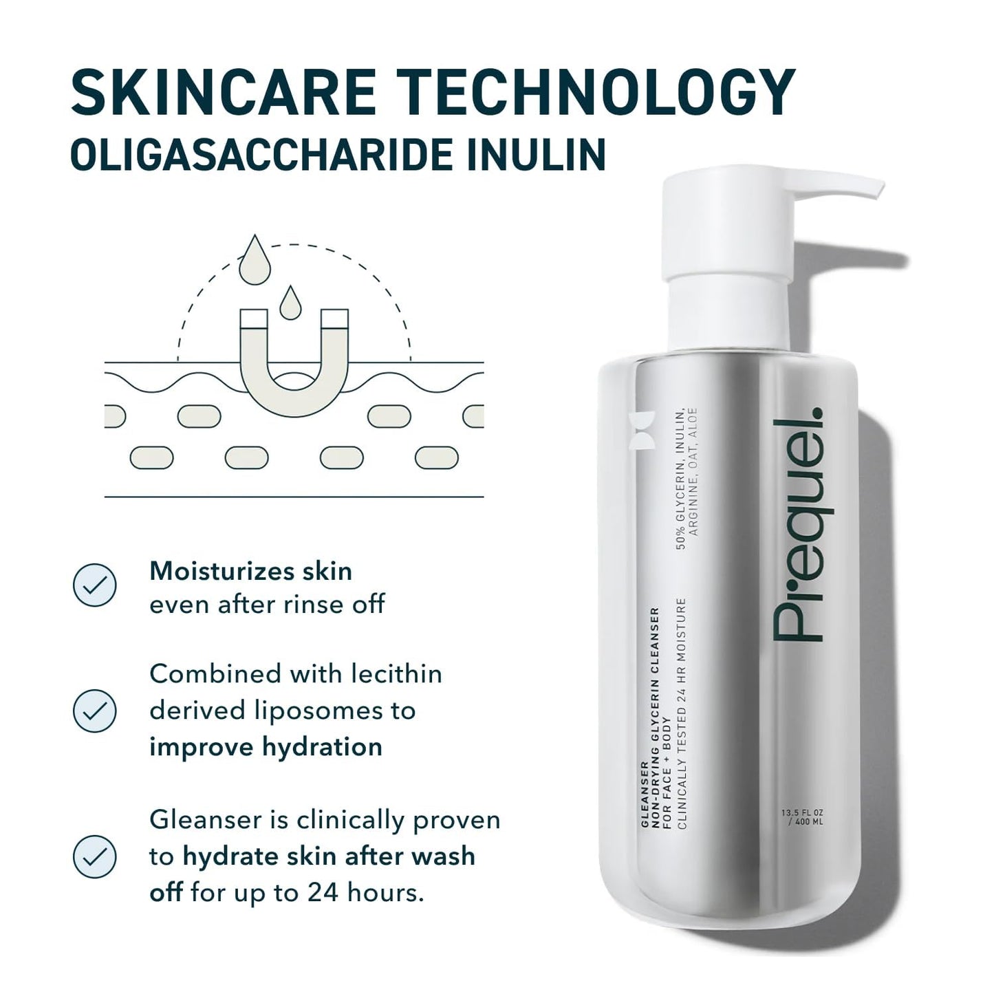 Prequel Skin Gleanser, Moisturizing Glycerin Face Wash, Unscented Sensitive and Dry Skin Face Wash Pump Bottles (Pack of 2)