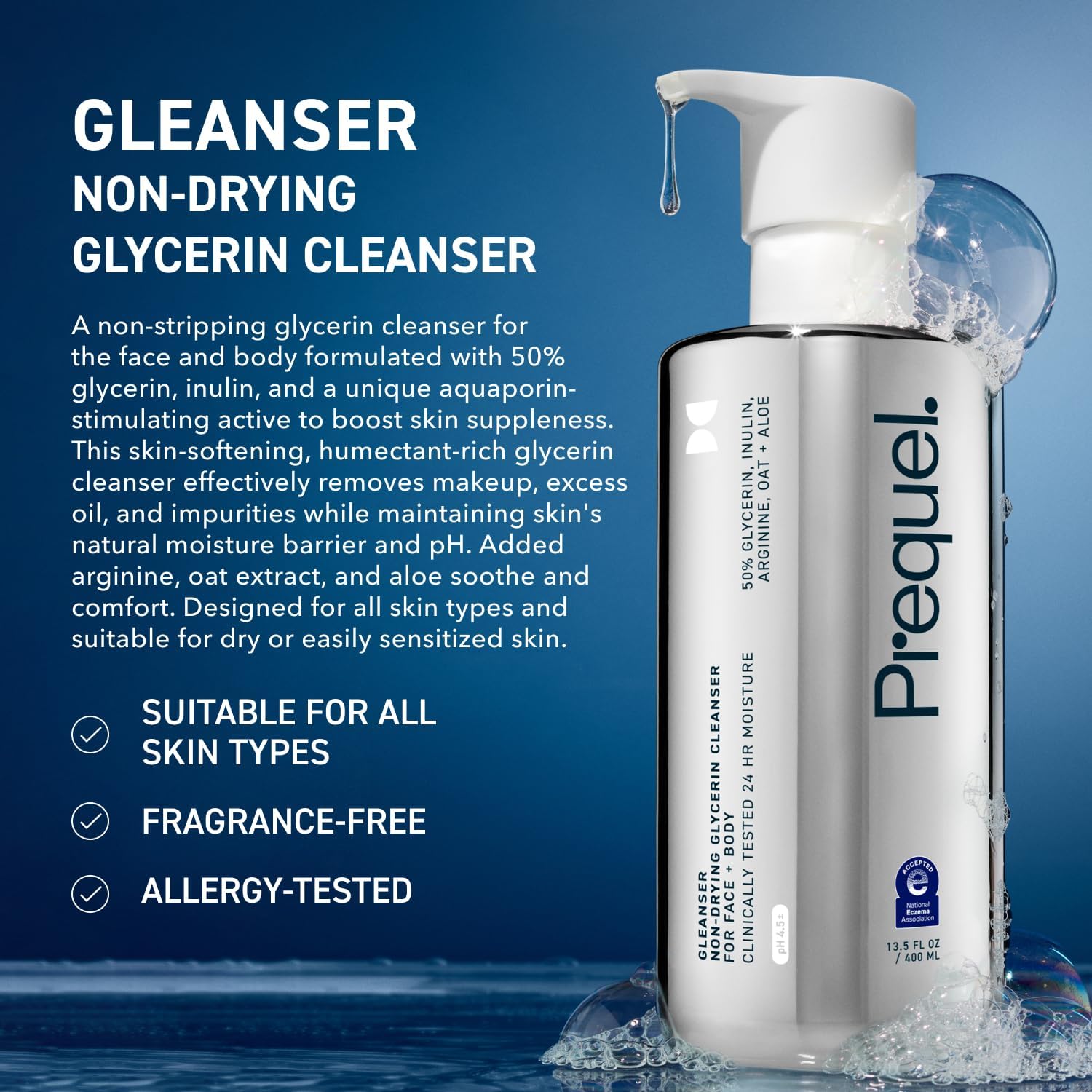 Prequel Skin Gleanser, Moisturizing Glycerin Face Wash, Unscented Sensitive and Dry Skin Face Wash Pump Bottles (Pack of 2)